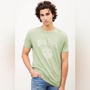 🆕 Lucky Brand Bad Luck Doesn’t Exist Cat Graphic Tee in Calliste Green